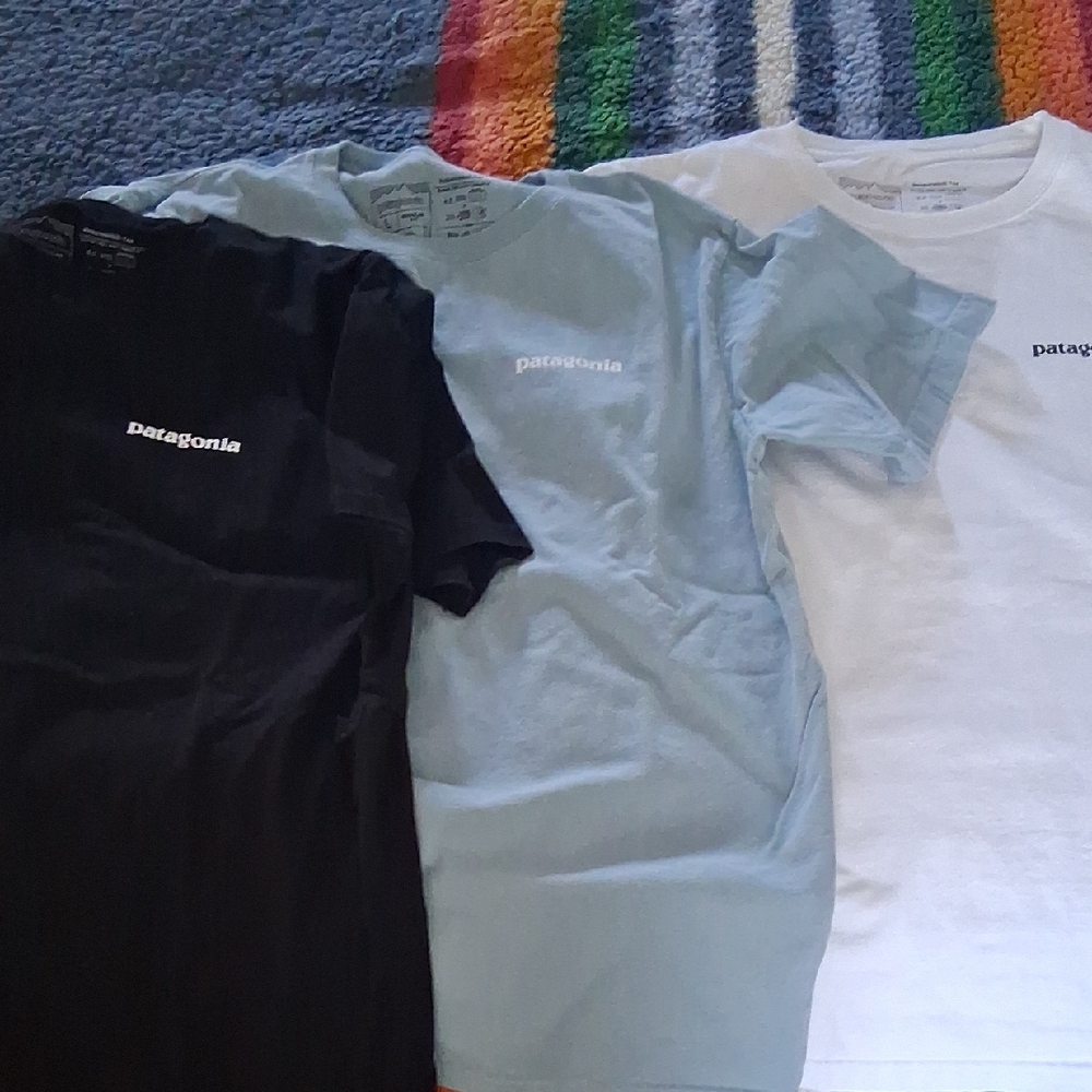 3-Patagonia Responsibili-teez Short Sleeve Tees - Black, Light Blue, and White